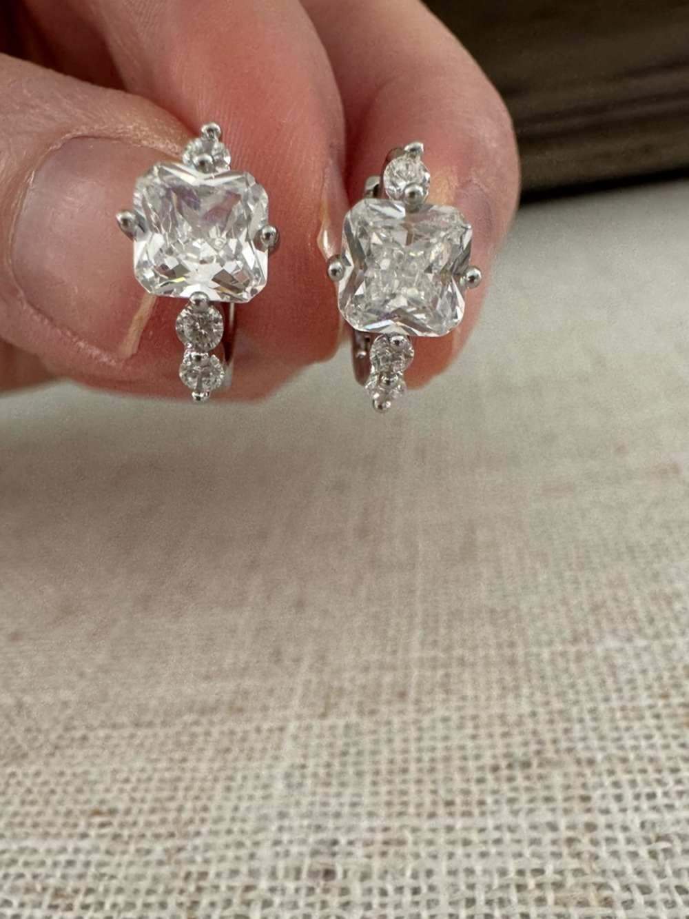 NEW Silver Crystal Huggie Earrings Clear Stones Princess NWOT